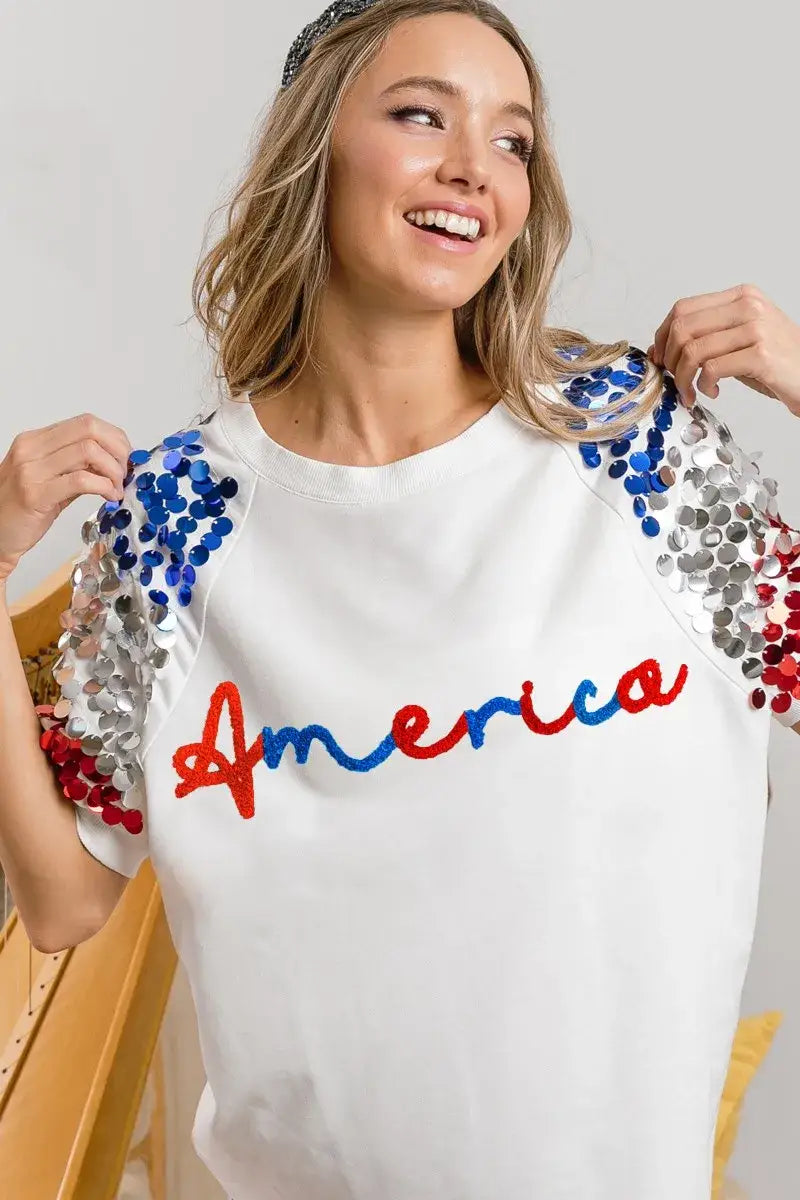 BiBi America Letter Applique Spangle Puff Sleeves Top