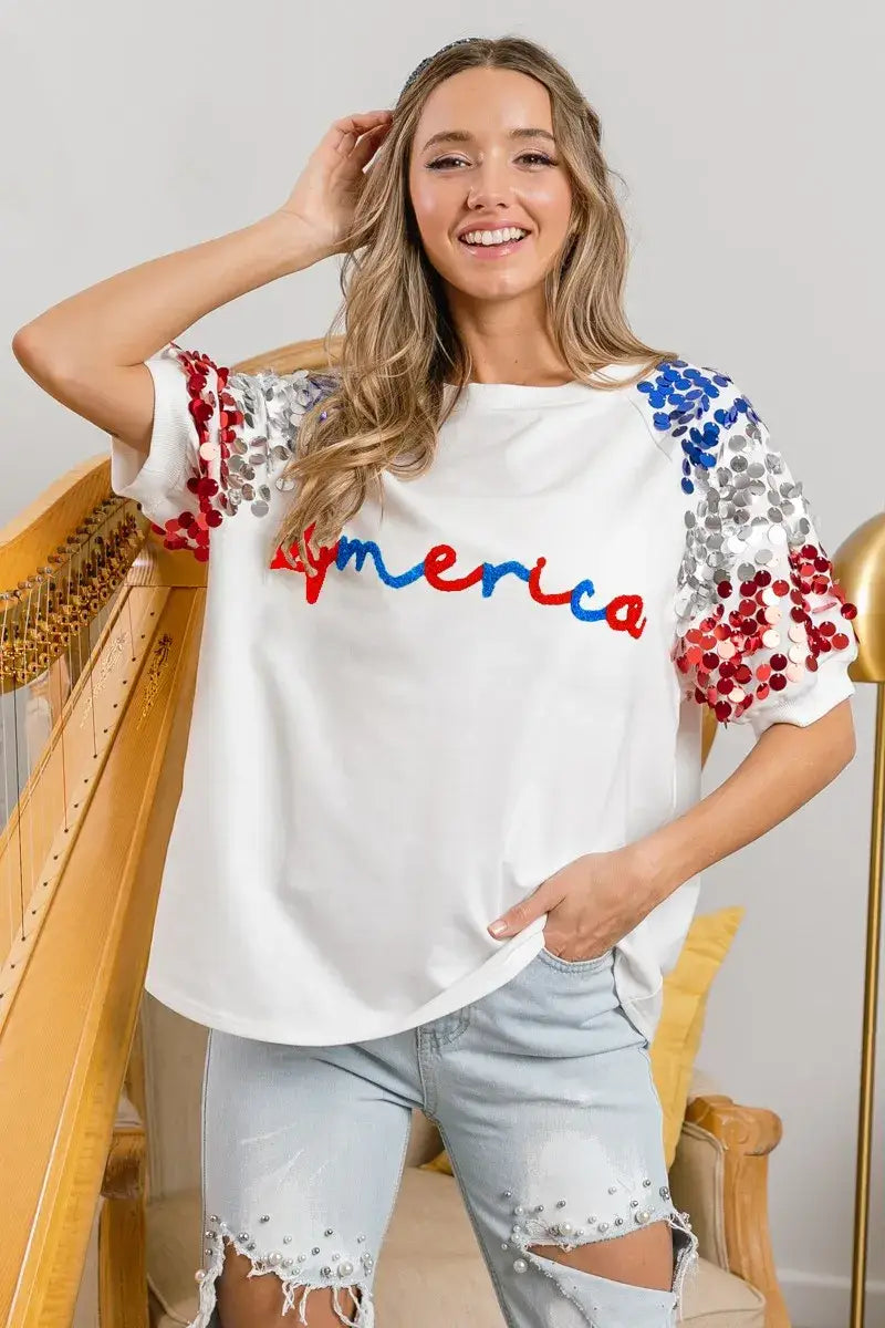 BiBi America Letter Applique Spangle Puff Sleeves Top - OFF WHITE / S
