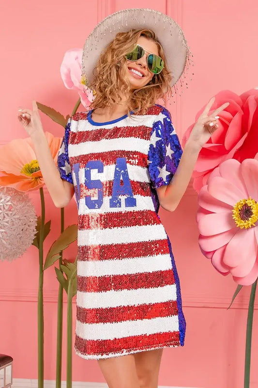 Sequin USA flag print t-shirt dress with short sleeves in american flag theme style