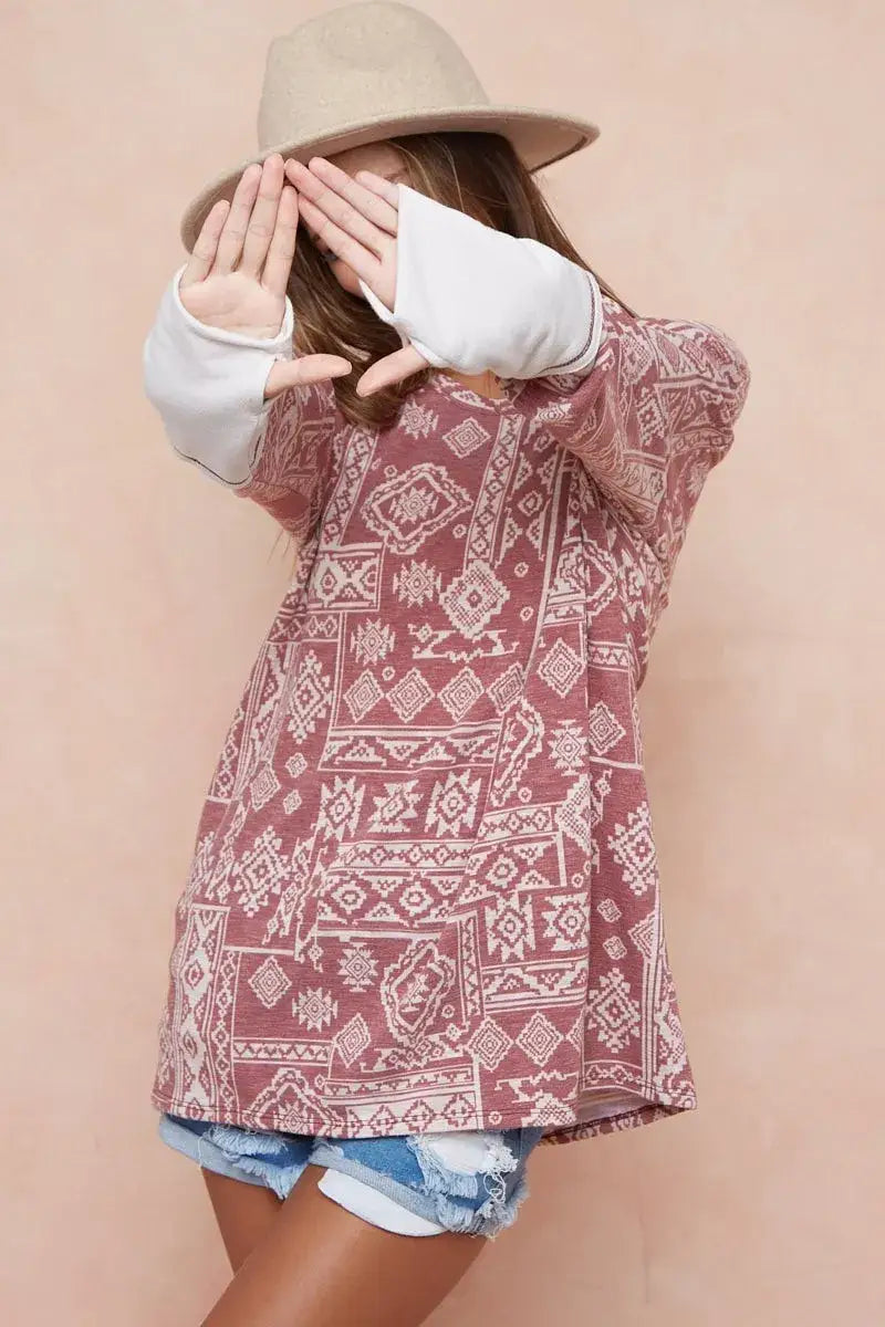 BiBi Aztec Print French Terry Top with Thumb Opening