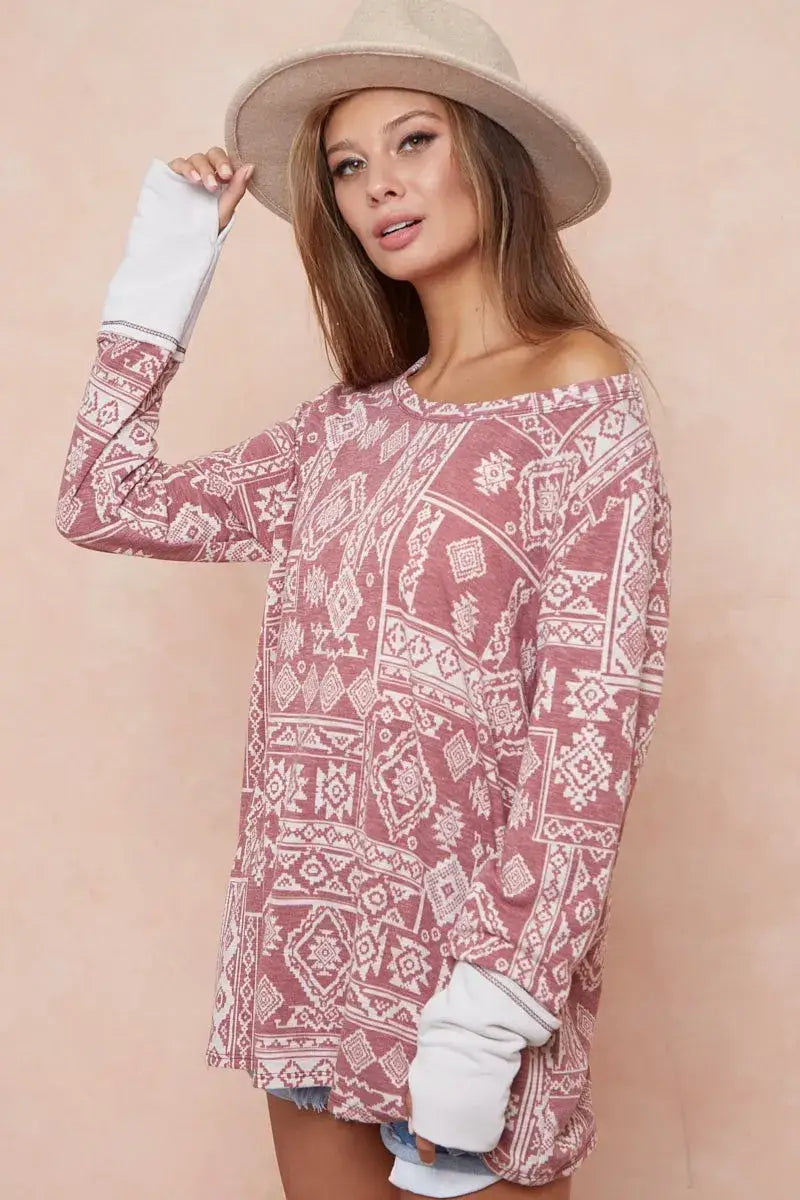 BiBi Aztec Print French Terry Top with Thumb Opening