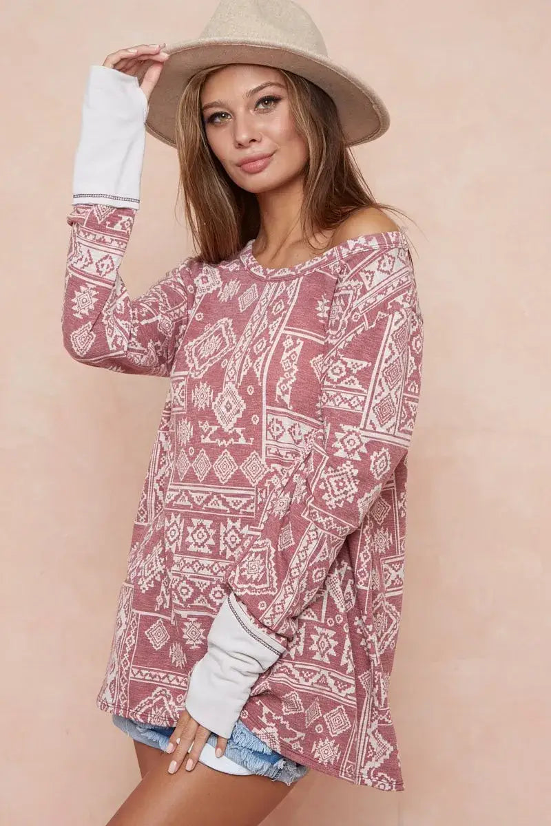 BiBi Aztec Print French Terry Top with Thumb Opening