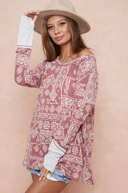 BiBi Aztec Print French Terry Top with Thumb Opening
