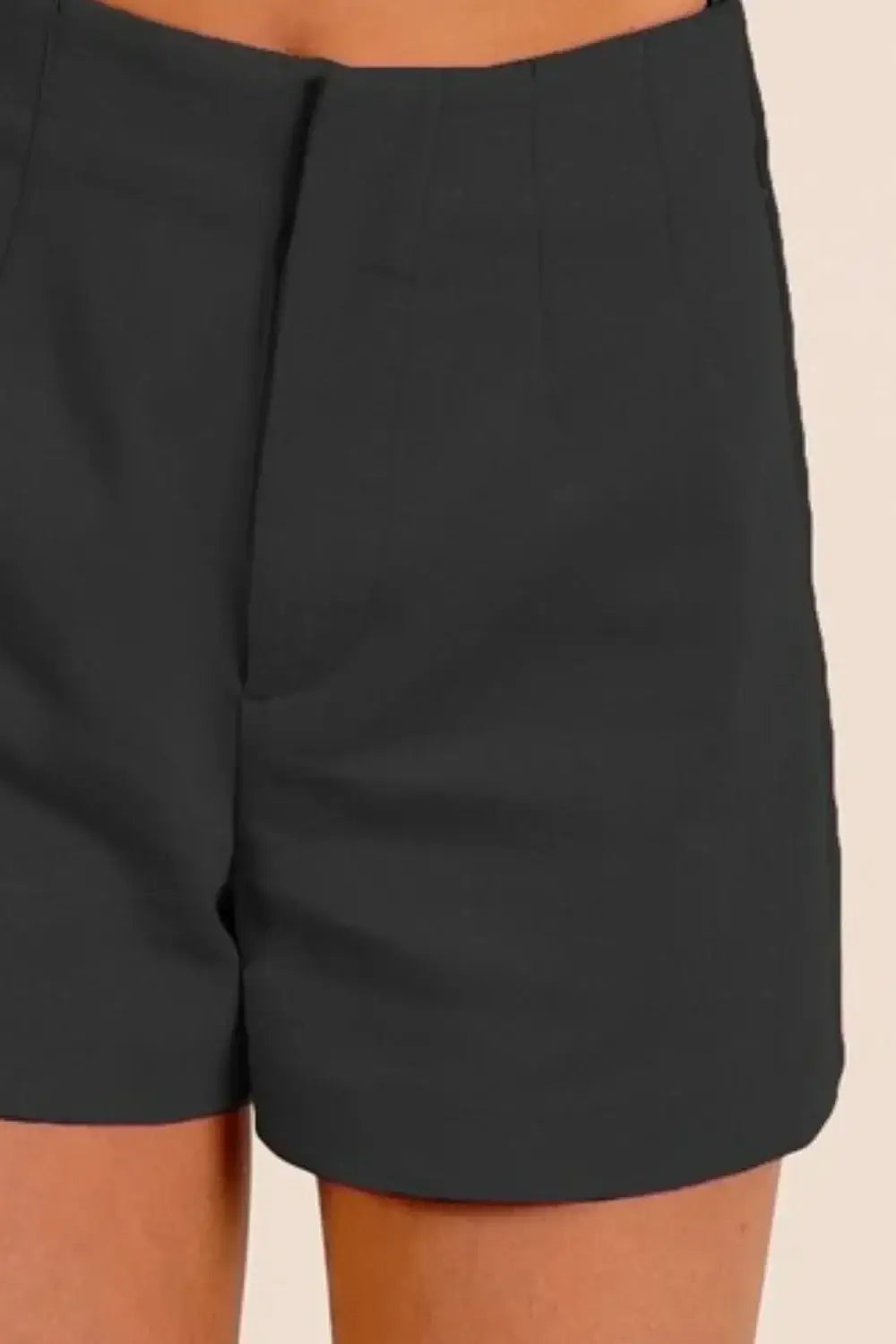 Charcoal gray bandless tailored shorts with high waist and elastic back