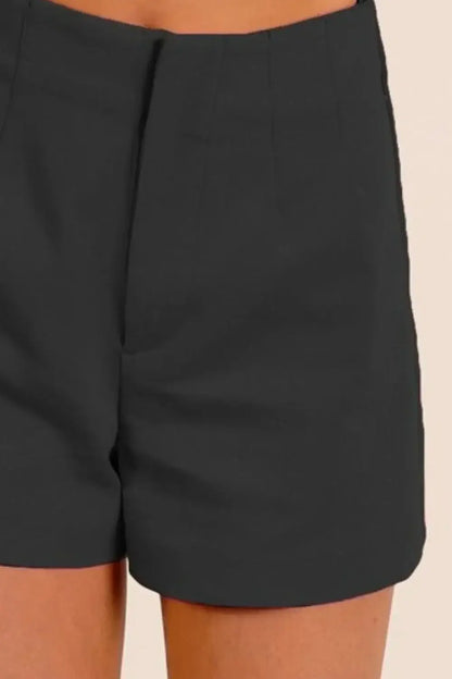 Charcoal gray bandless tailored shorts with high waist and elastic back