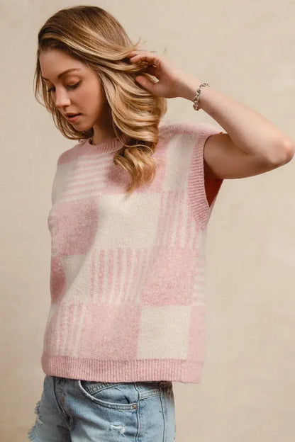 BiBi Checker With Stripes Pattern Sleeveless Sweater