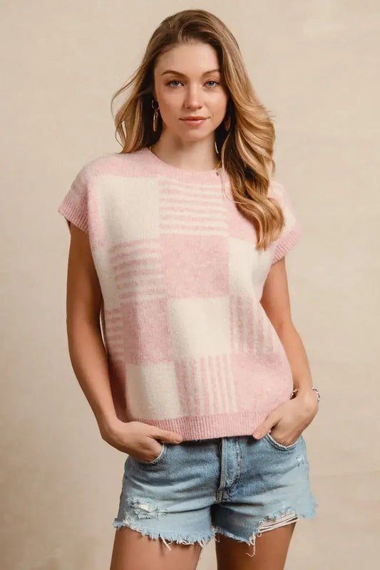 BiBi Checker With Stripes Pattern Sleeveless Sweater - BLUSH/IVORY / S