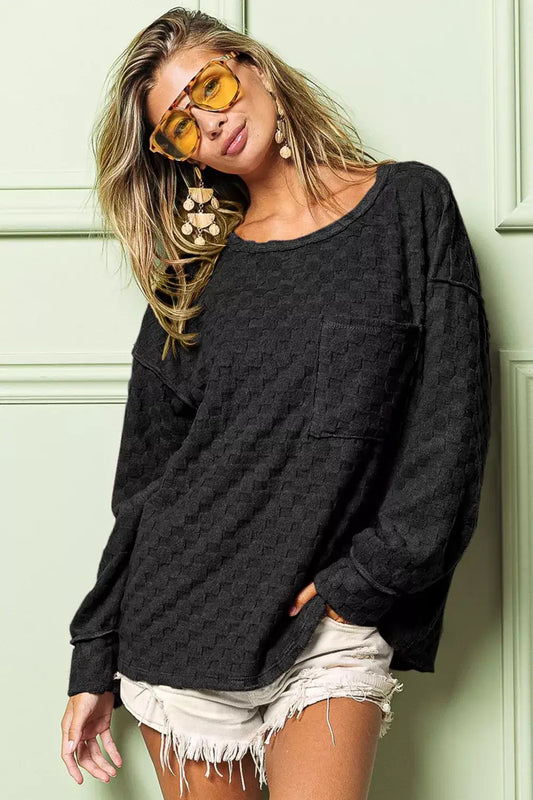 BiBi Checkered Round Neck Exposed Seam Top - Black / S