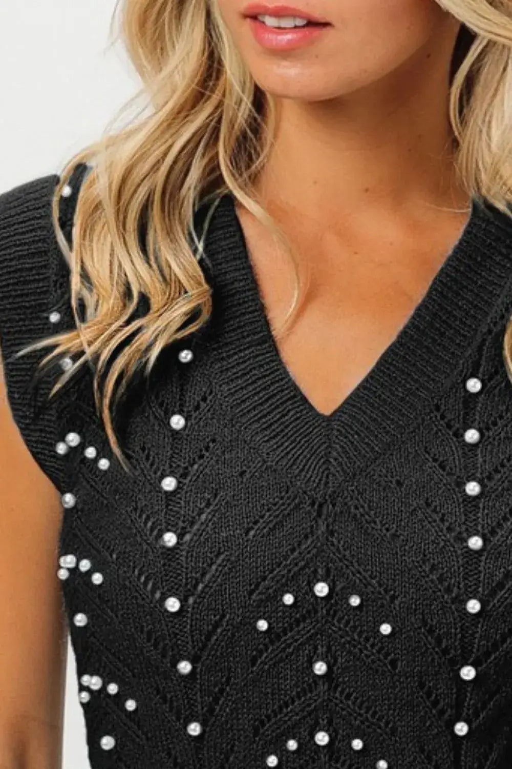 Black sleeveless BiBi Chevron Pointelle Pearl Knit Top with V-neck and pearl embellishments