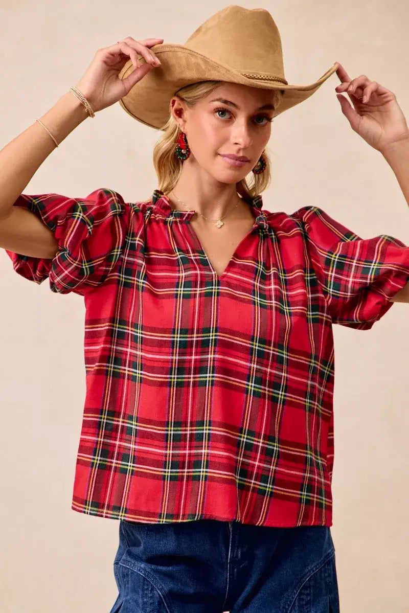BiBi Christmas Plaid Short Sleeves Ruffled Blouse - Short Sleeves Ruffled Blouse