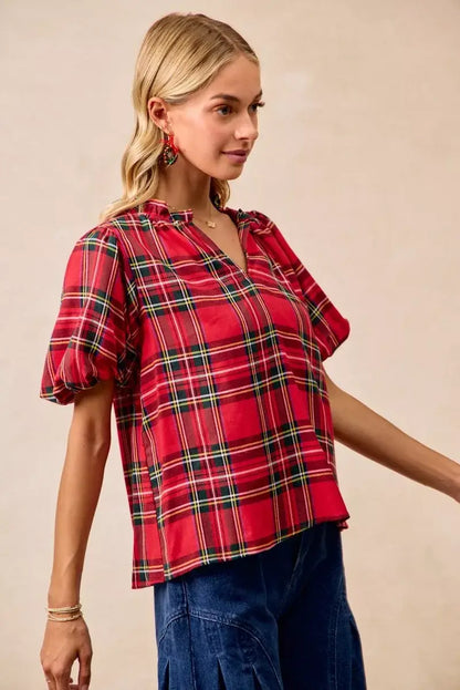 BiBi Christmas Plaid Short Sleeves Ruffled Blouse - Short Sleeves Ruffled Blouse