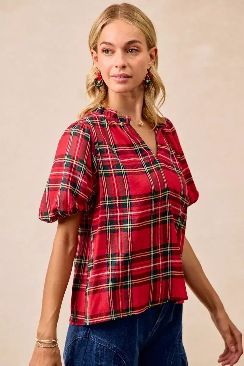 BiBi Christmas Plaid Short Sleeves Ruffled Blouse - Short Sleeves Ruffled Blouse