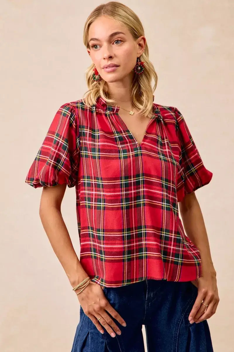 BiBi Christmas Plaid Short Sleeves Ruffled Blouse - Short Sleeves Ruffled Blouse