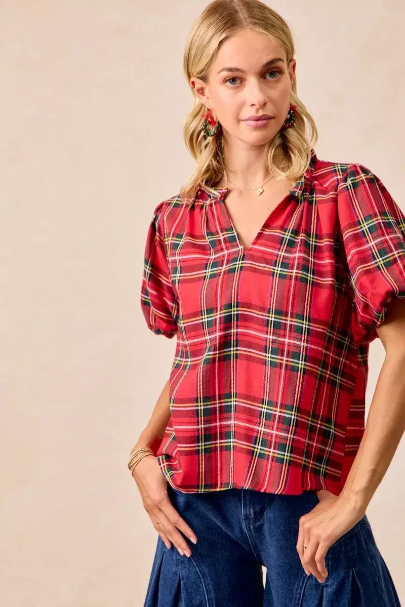 BiBi Christmas Plaid Short Sleeves Ruffled Blouse - Short Sleeves Ruffled Blouse