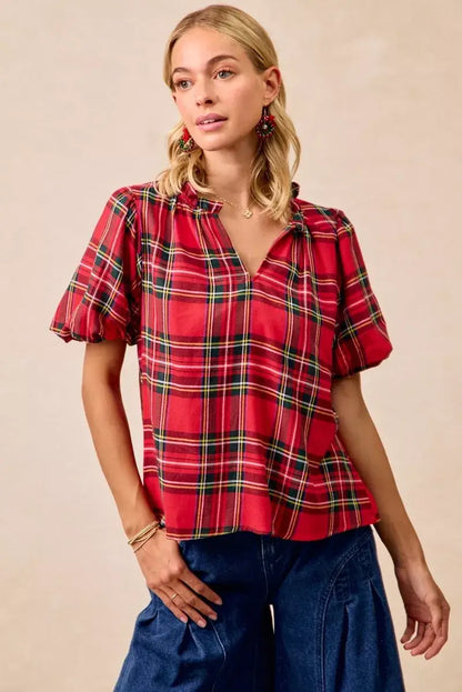 BiBi Christmas Plaid Short Sleeves Ruffled Blouse - Short Sleeves Ruffled Blouse