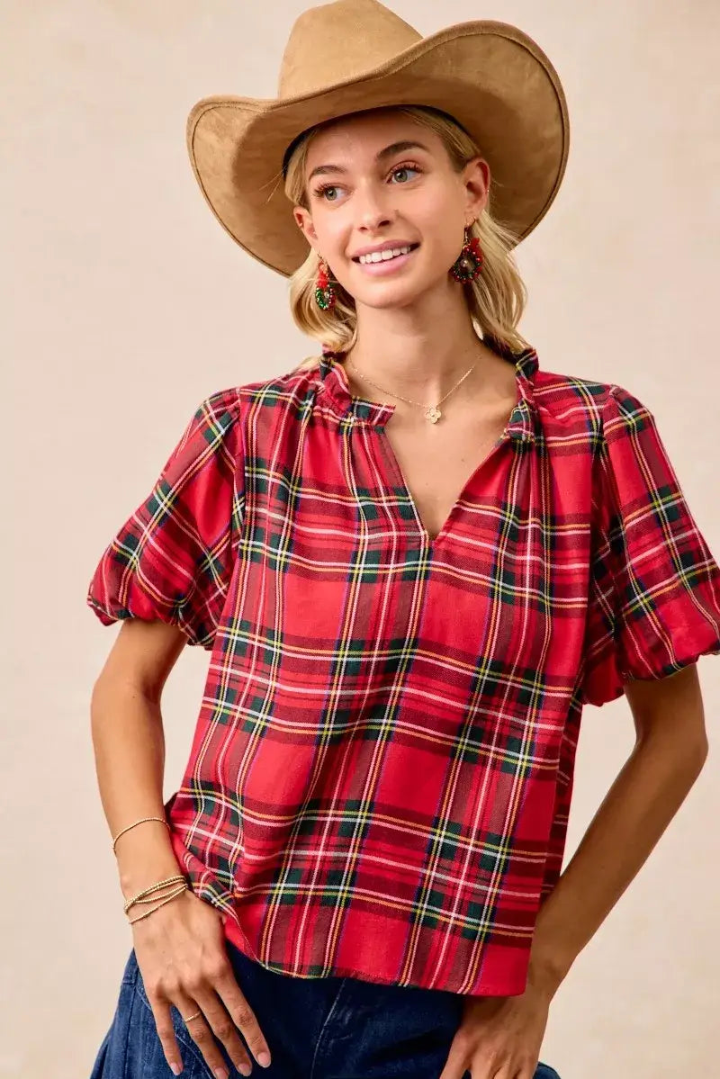 BiBi Christmas Plaid Short Sleeves Ruffled Blouse - Short Sleeves Ruffled Blouse