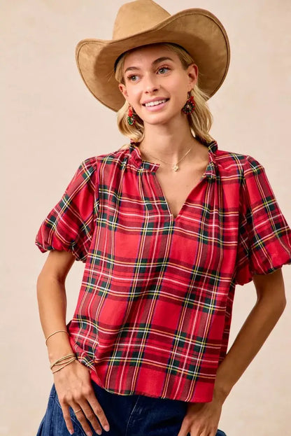 BiBi Christmas Plaid Short Sleeves Ruffled Blouse - Short Sleeves Ruffled Blouse