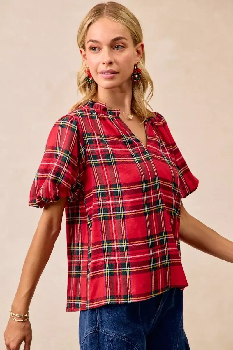 BiBi Christmas Plaid Short Sleeves Ruffled Blouse - Short Sleeves Ruffled Blouse