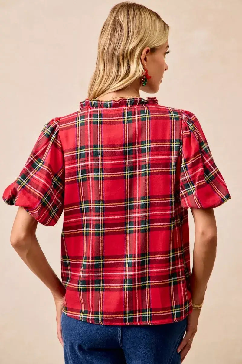 BiBi Christmas Plaid Short Sleeves Ruffled Blouse - Short Sleeves Ruffled Blouse
