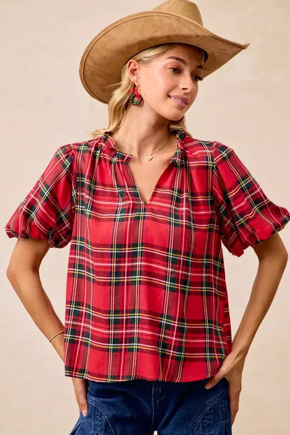 BiBi Christmas Plaid Short Sleeves Ruffled Blouse - RED PLAID / S - Short Sleeves Ruffled Blouse