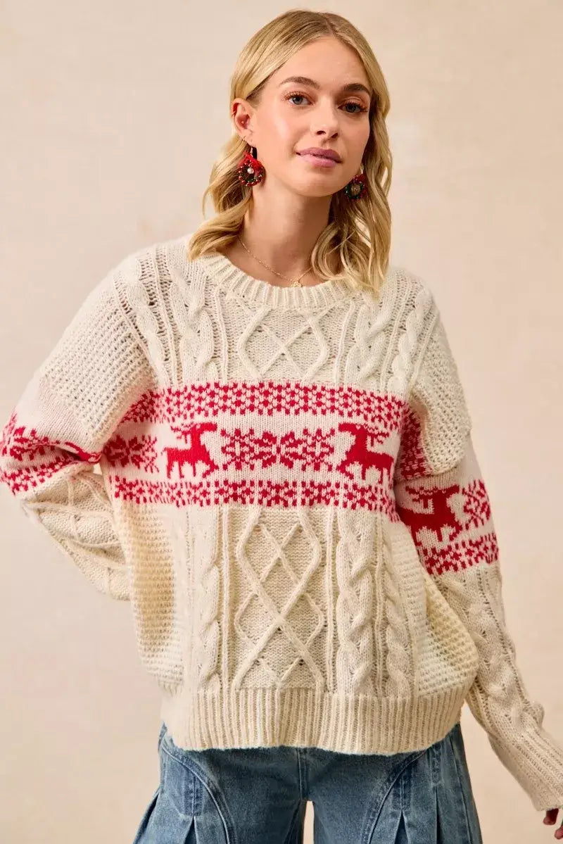 BiBi Christmas Theme Patterned Cable Knit Sweater
