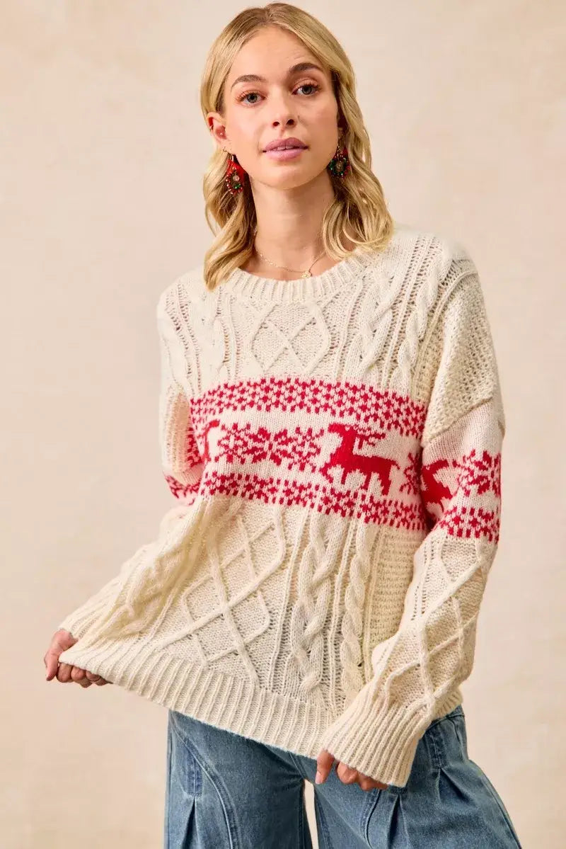 BiBi Christmas Theme Patterned Cable Knit Sweater - RED / S