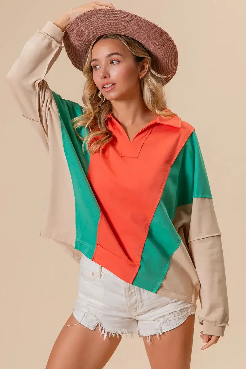 BiBi Colorblock Exposed Seam French Terry Sweatshirt - French Terry Sweatshirt