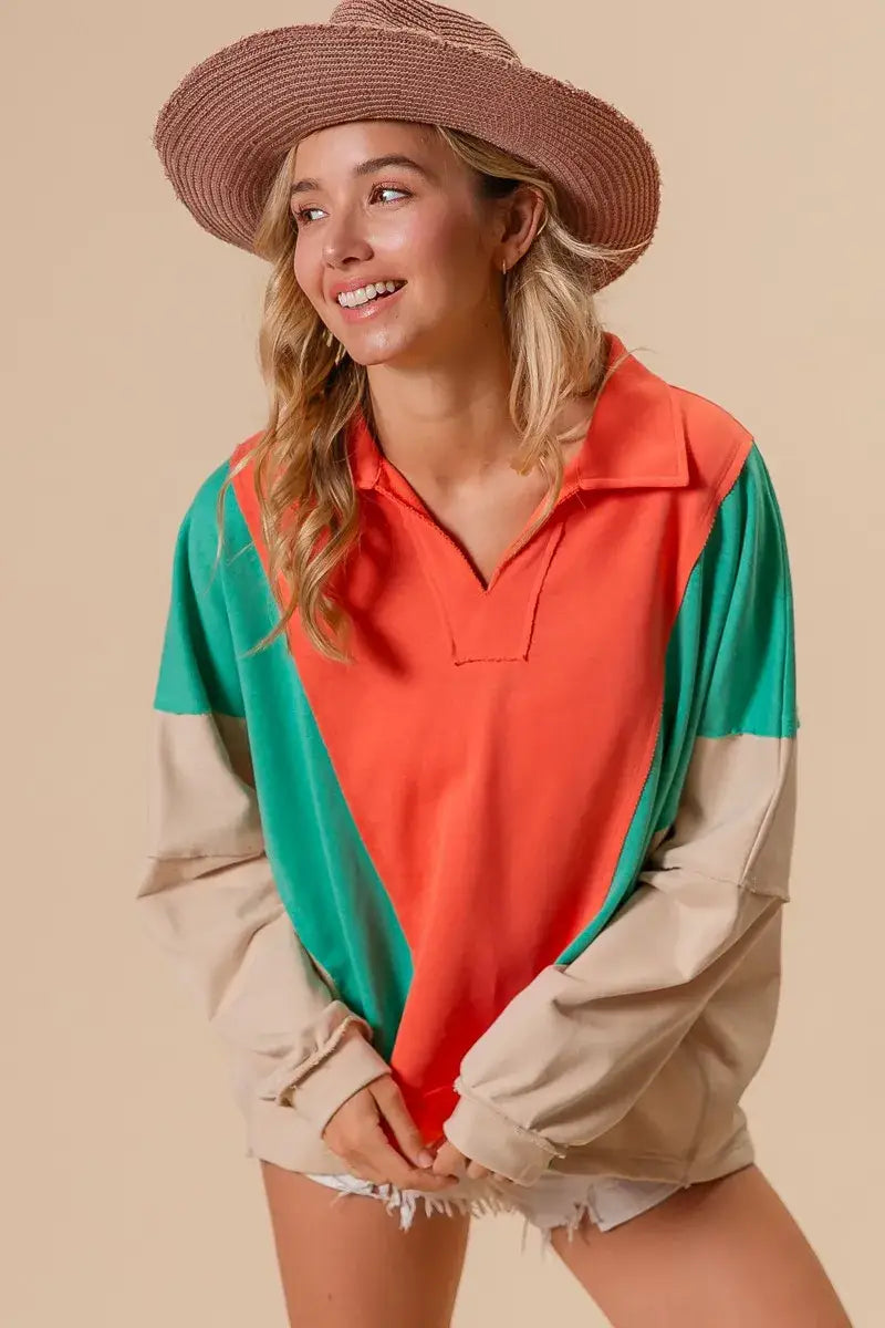 BiBi Colorblock Exposed Seam French Terry Sweatshirt - French Terry Sweatshirt