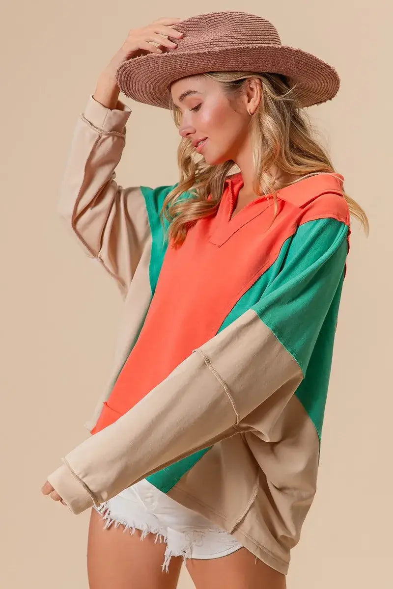 BiBi Colorblock Exposed Seam French Terry Sweatshirt - French Terry Sweatshirt
