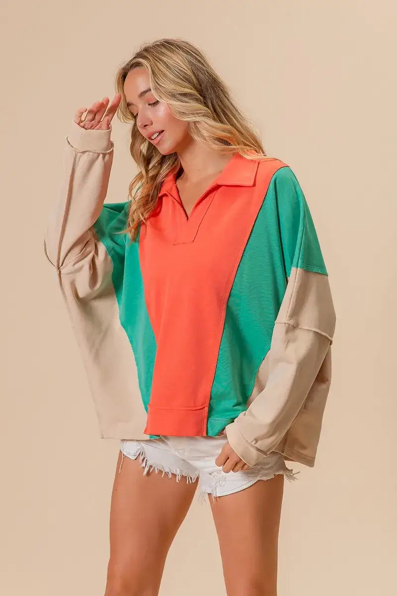 BiBi Colorblock Exposed Seam French Terry Sweatshirt - French Terry Sweatshirt