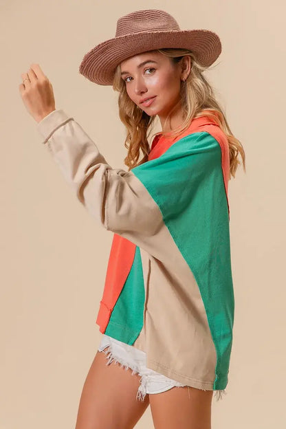 BiBi Colorblock Exposed Seam French Terry Sweatshirt - French Terry Sweatshirt