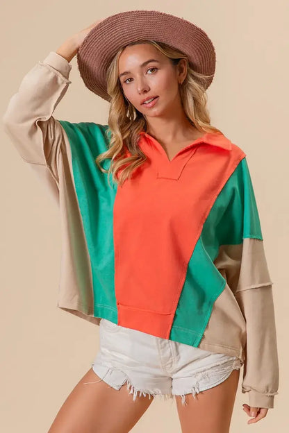 BiBi Colorblock Exposed Seam French Terry Sweatshirt - APRICOT/MINT/SAND / S - French Terry Sweatshirt