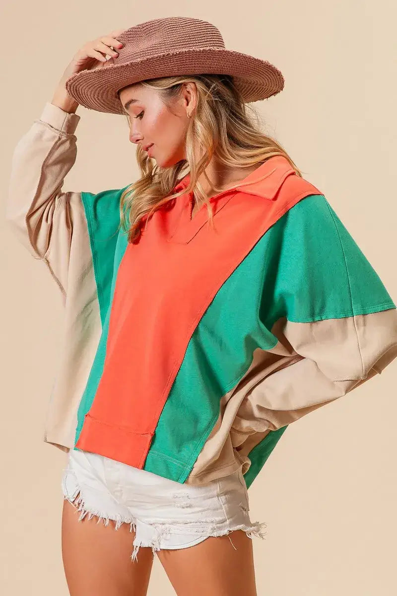 BiBi Colorblock Exposed Seam French Terry Sweatshirt - French Terry Sweatshirt