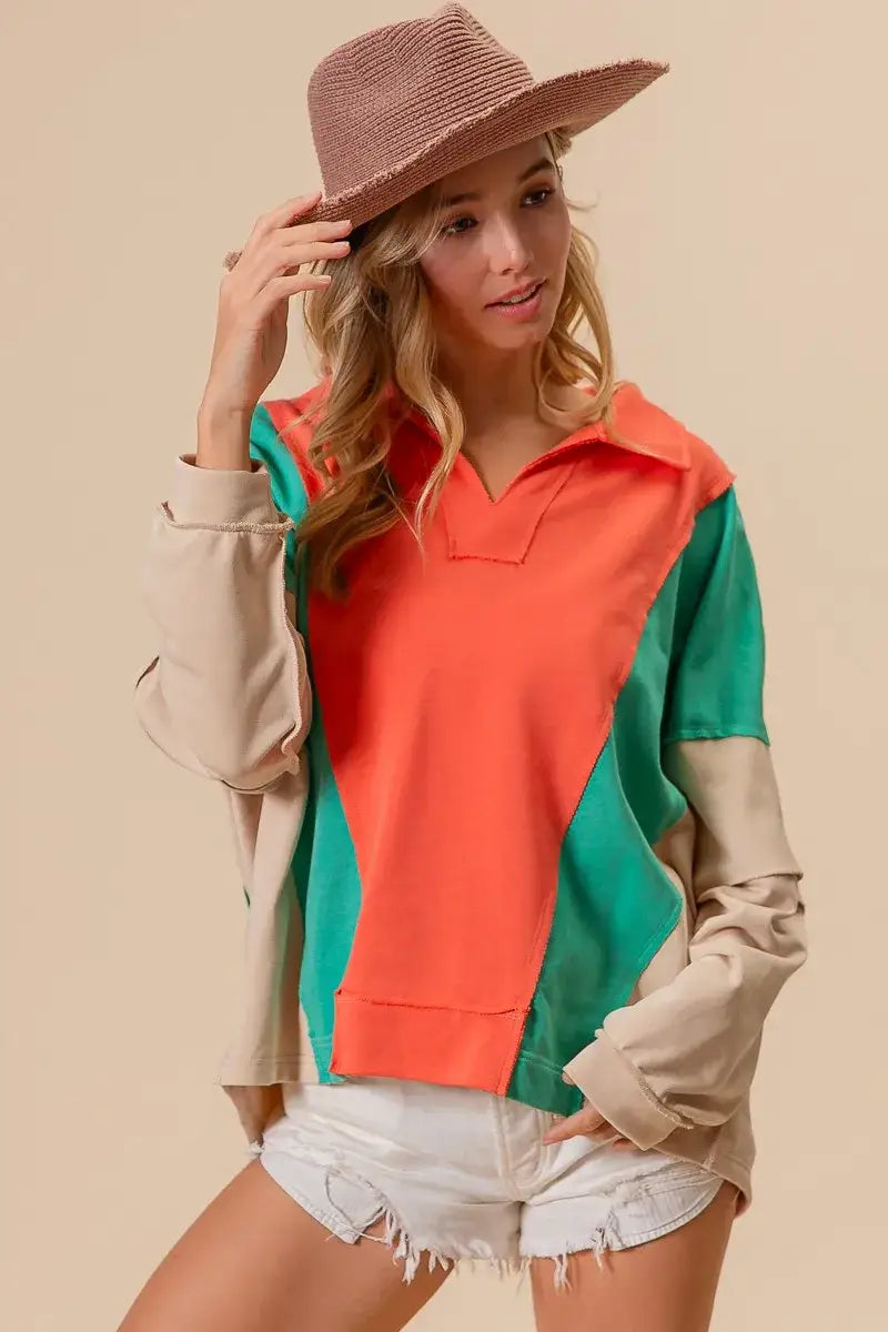 BiBi Colorblock Exposed Seam French Terry Sweatshirt - French Terry Sweatshirt