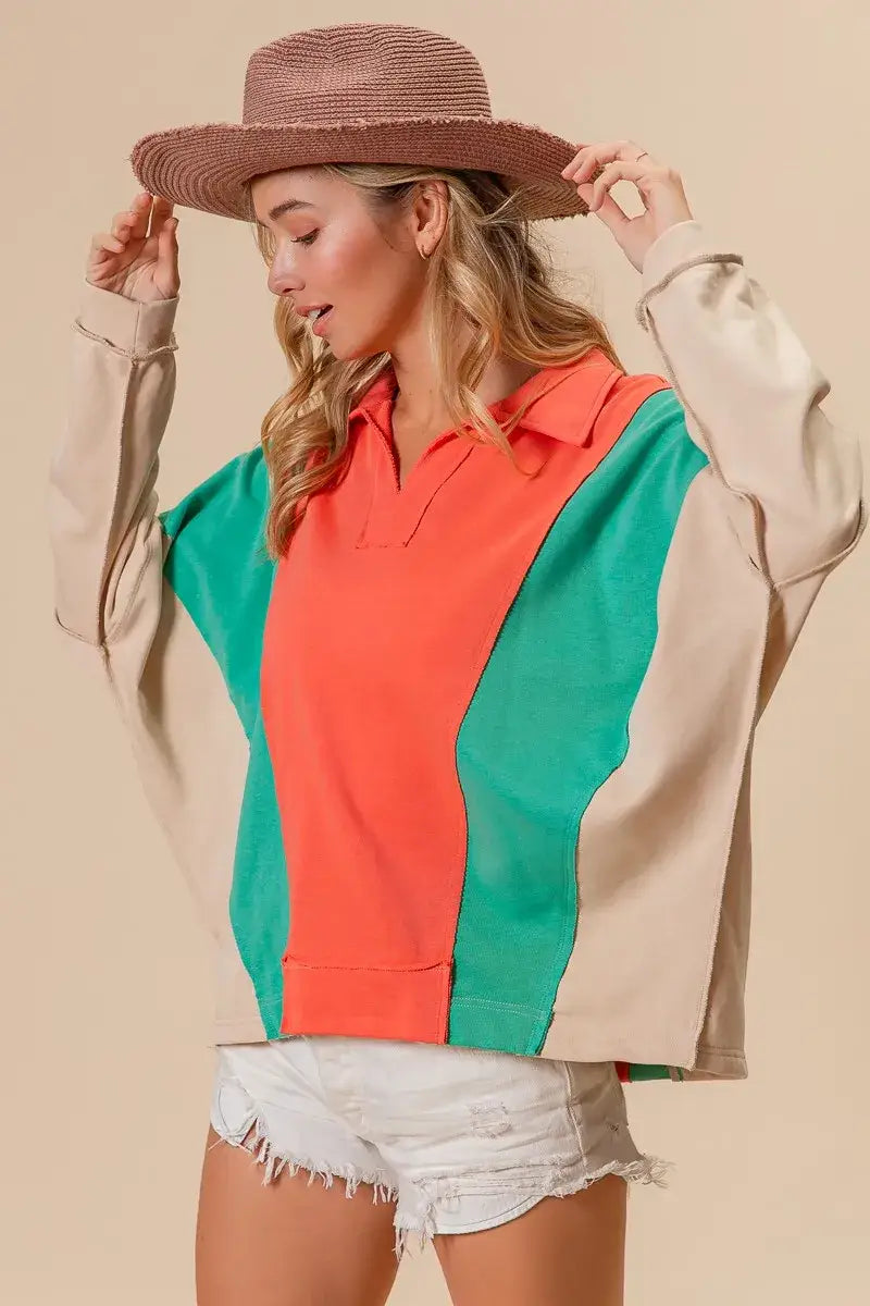 BiBi Colorblock Exposed Seam French Terry Sweatshirt - French Terry Sweatshirt