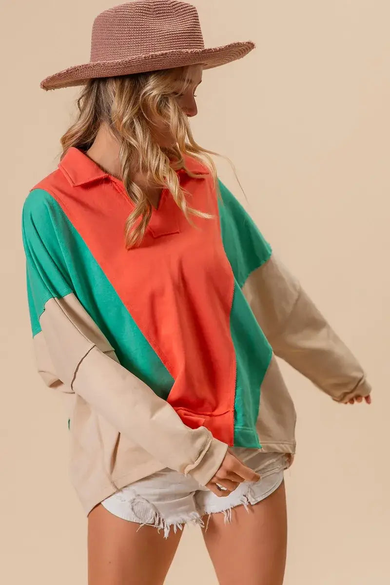 BiBi Colorblock Exposed Seam French Terry Sweatshirt - French Terry Sweatshirt