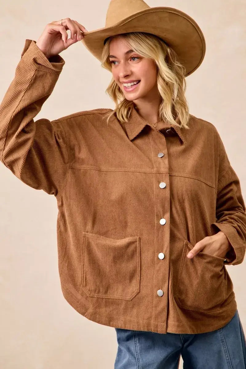 BiBi Corduroy Relaxed Fit Shacket with Back Pleat - Fit Shacket