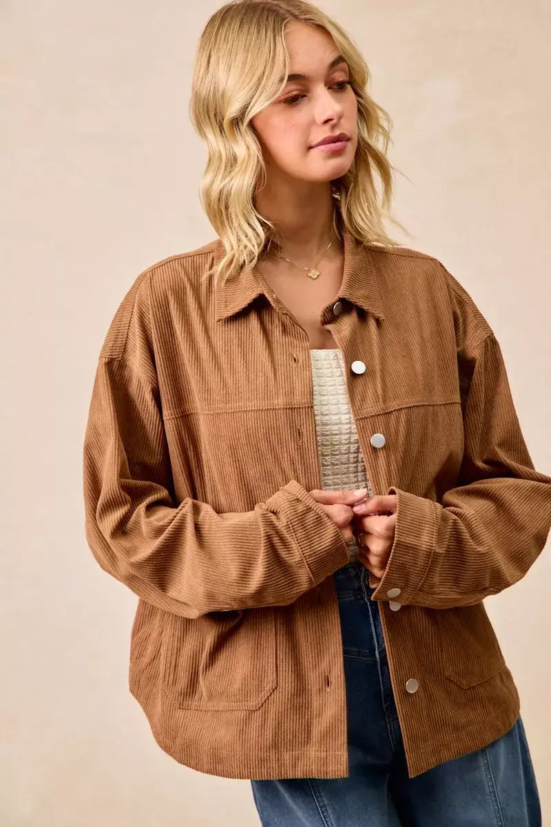BiBi Corduroy Relaxed Fit Shacket with Back Pleat - Fit Shacket
