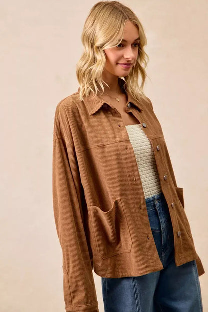 BiBi Corduroy Relaxed Fit Shacket with Back Pleat - Fit Shacket