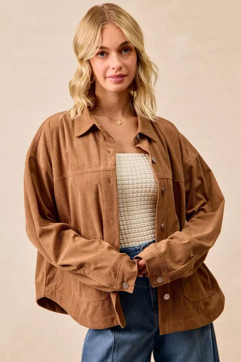 BiBi Corduroy Relaxed Fit Shacket with Back Pleat - Fit Shacket