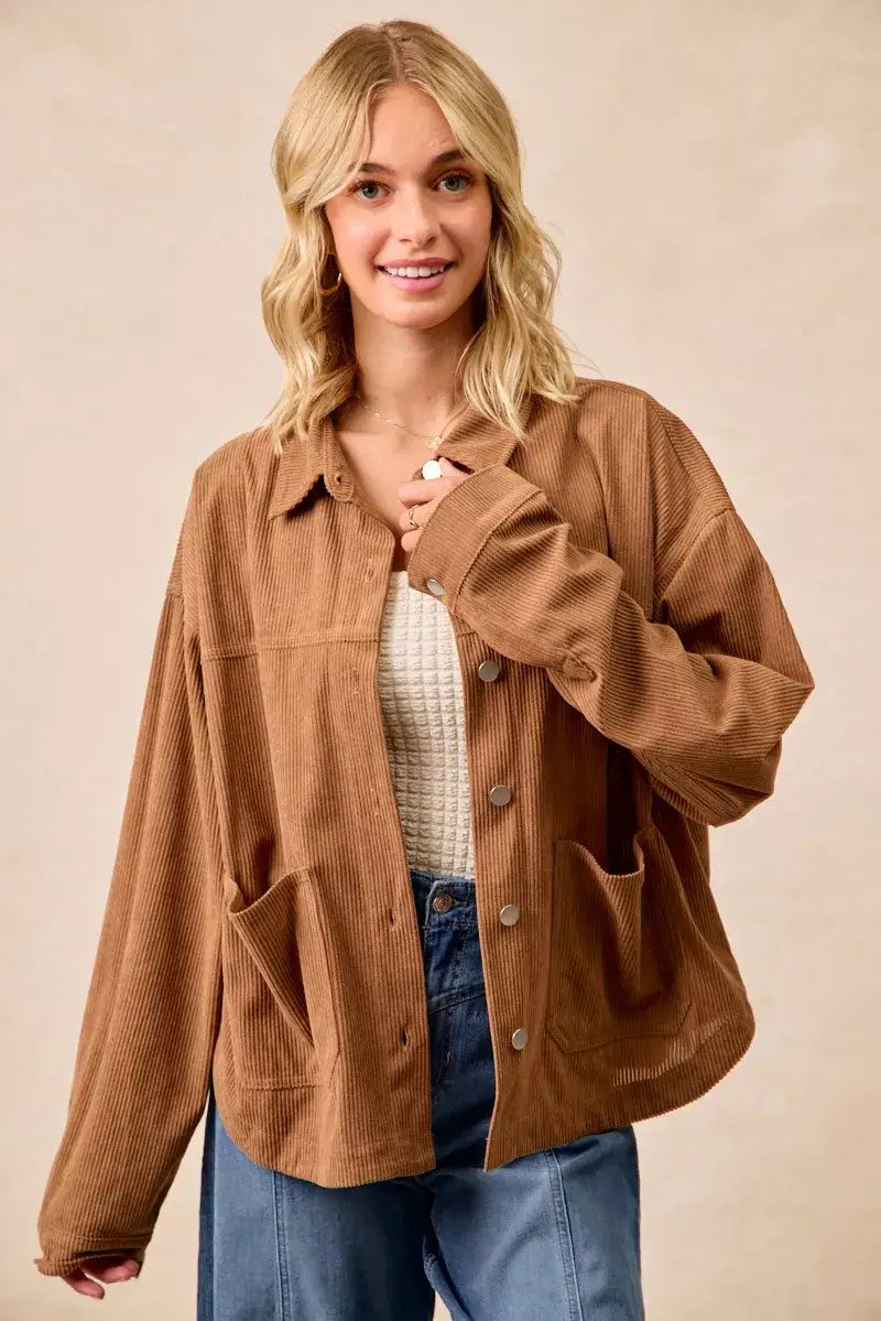 BiBi Corduroy Relaxed Fit Shacket with Back Pleat - CAMEL / S - Fit Shacket