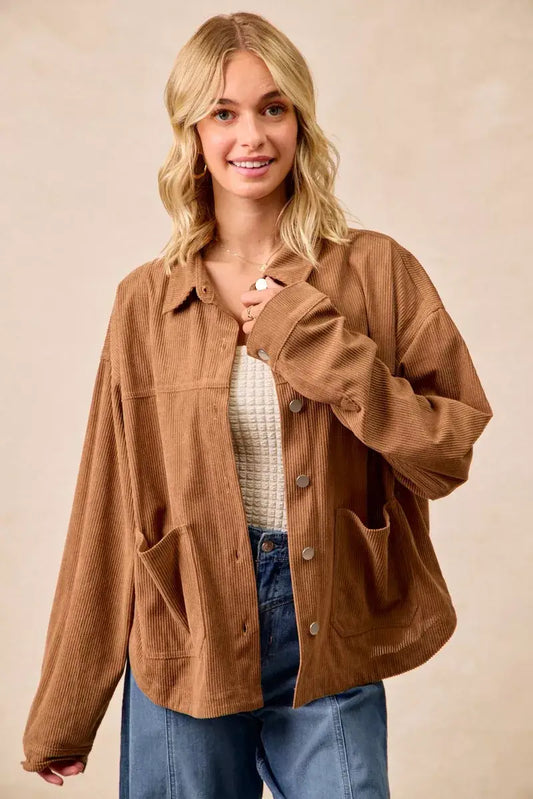 BiBi Corduroy Relaxed Fit Shacket with Back Pleat - CAMEL / S - Fit Shacket