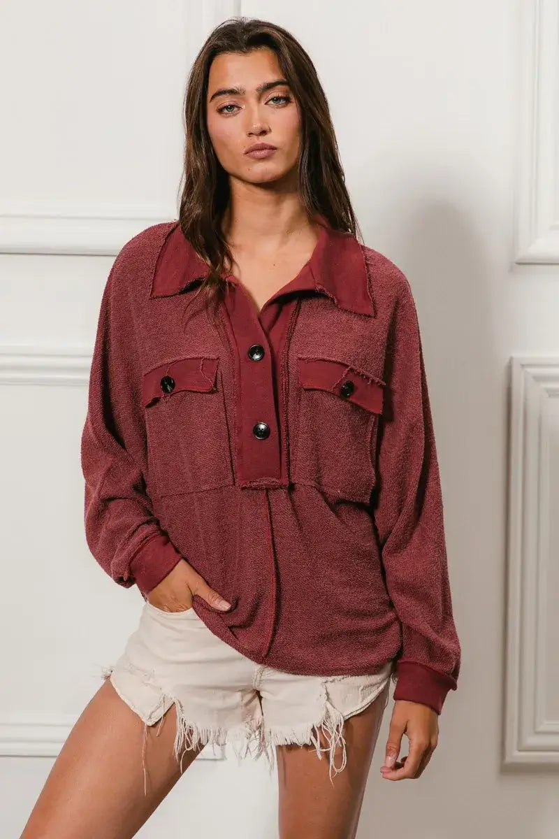 BiBi Cp French Terry Cut Edge Detail Collared Top - Detail Collared Top