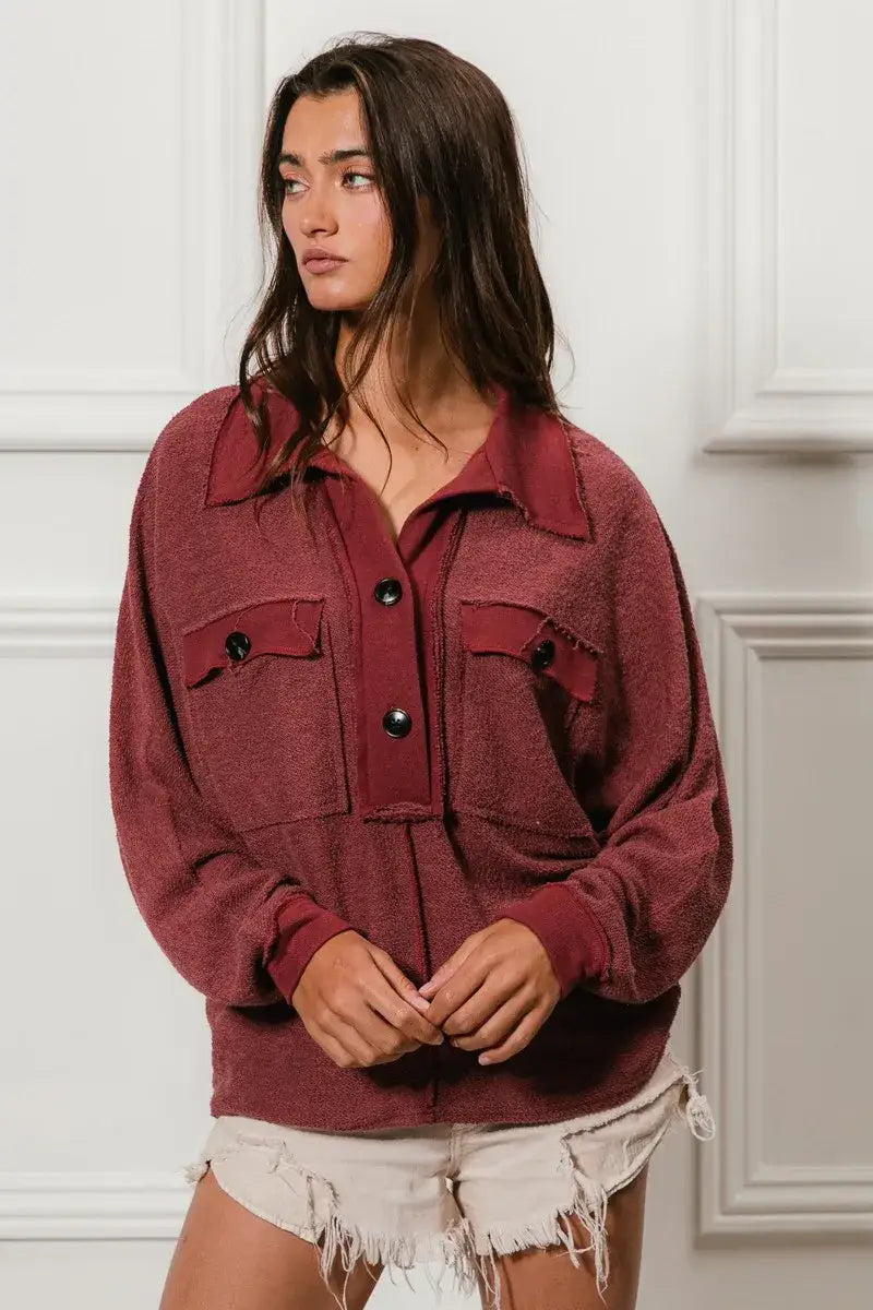 BiBi Cp French Terry Cut Edge Detail Collared Top - Detail Collared Top