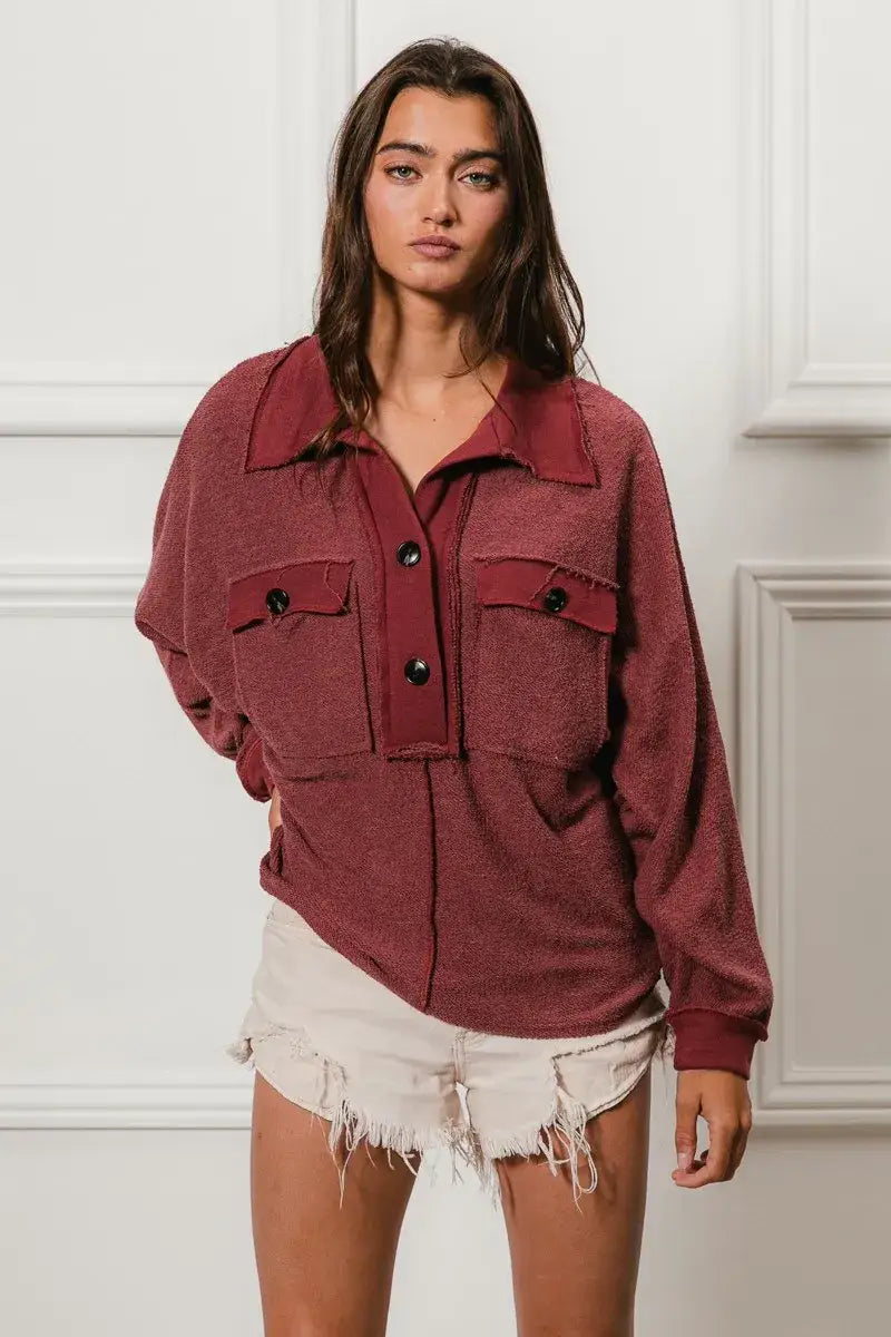 BiBi Cp French Terry Cut Edge Detail Collared Top - Detail Collared Top