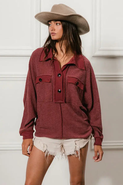 BiBi Cp French Terry Cut Edge Detail Collared Top - MARSALA / S - Detail Collared Top
