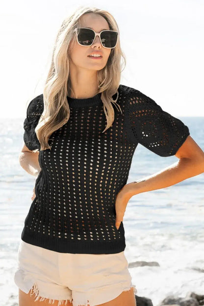 BiBi Crochet Lace Top With Puff Sleeves - BLACK / S