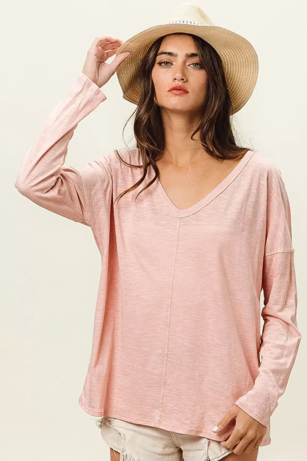 BiBi Exposed Seam V-Neck Long Sleeve T-Shirt - BLUSH / S
