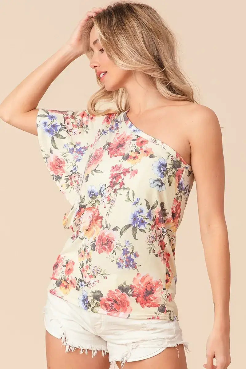 BiBi Floral Printed Jersey Knit Ruffle Sleeve Top