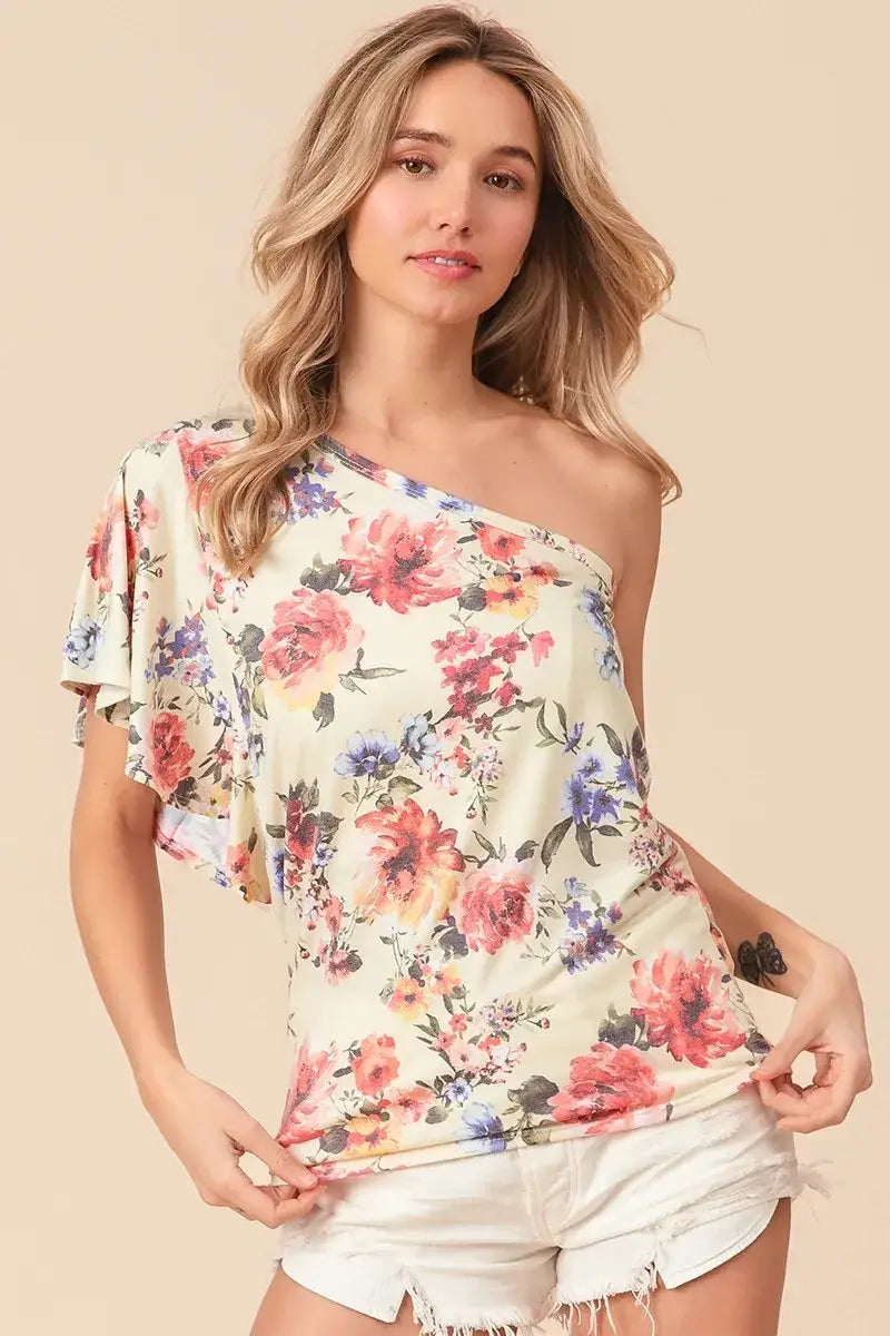 BiBi Floral Printed Jersey Knit Ruffle Sleeve Top